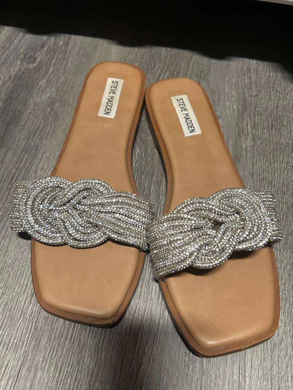 Steve Madden Silver Crystal Knot Tan Slide Sandals